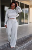 SC Solid Loose O Neck Long Sleeve Crop Top And Pants Sets (Without Vest) OLYF-96079