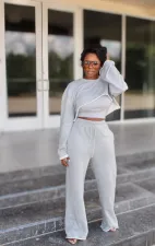 SC Solid Loose O Neck Long Sleeve Crop Top And Pants Sets (Without Vest) OLYF-96079