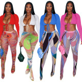 SC Sexy Long Sleeve Crop Top+Pantyhose Pants 2 Piece Sets BN-9307