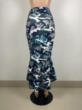 SC Camo Print High Waist Ruffle Midi Skirt LSL-6480