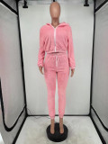 SC Plus Size Casual Plush Hooded Zipper Two Piece Pants Set CQ-091