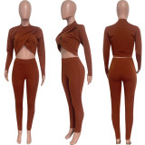 SC Solid Sexy Crop Top And Pants Slim Two Piece Sets HMS-5519