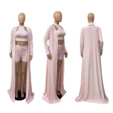 SC Solid Halter Crop Top+Ruched Shorts+Long Cloak 3 Piece Sets LUO-6678