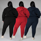 SC Plus Size Solid Fleece Hoodies Sports 2 Piece Pants Set WAF-77330
