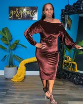 SC Velvet Slash Neck Long Sleeve Midi Dress MOF-6660