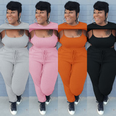 SC Plus Size Solid Ribbed Long Sleeve Crop Top+Camisole+Pants 3 Piece Sets MA-Y453