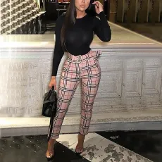 SC Casual Plaid Mid-Waist Pants With Belt OLYF-96082
