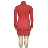 SC Plus Size Solid Ribbed Knit High Collar Mini Dress ONY-5110