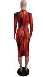 SC Tie Dye Print Long Sleeve Slim Midi Dress BYMF-60089