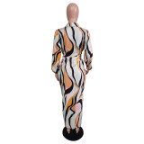 SC Casual Printed Long Sleeve Sashes Maxi Dress BS-1296