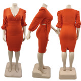 SC Plus Size Solid 3/4 Sleeve V Neck Midi Skirt 2 Piece Sets YUF-9092