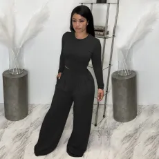 SC Solid Long Sleeve Top Loose Pants Two Piece Sets BDF-8107