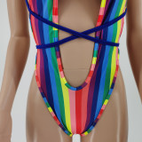SC Rainbow Stripe Hollow Out Bandage One-Piece Swimsuit CJF-BC3020