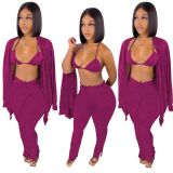 SC Solid Ribbed Bra Top+Cloak Coat+Split Pants 3 Piece Sets MOF-6659