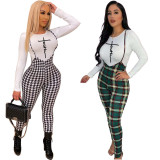 SC Letter Long Sleeve Top+Houndstooth Strap Jumpsuit 2 Piece Sets ORY-5210
