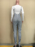 SC Letter Long Sleeve Top+Houndstooth Strap Jumpsuit 2 Piece Sets ORY-5210