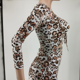 SC Leopard Print Drawstring Long Sleeve Maxi Dress CJF-BC3031