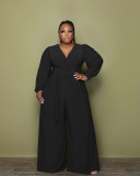 SC Plus Size Solid V Neck Wide Leg Sashes Jumpsuit MX-9125