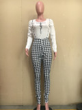 SC Letter Long Sleeve Top+Houndstooth Strap Jumpsuit 2 Piece Sets ORY-5210