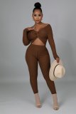 SC Solid Ribbed Knotted Long Sleeve 2 Piece Sets APLF-2031