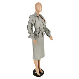 SC Casual Full Sleeve Ruffle Belted Long Trench Coat YIS-E527