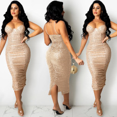 SC Sexy Sequins Spaghetti Strap Split Club Dress BY-5387