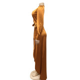 SC Sexy V Neck Long Sleeve Split Maxi Dress BY-5373