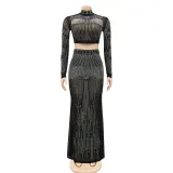 SC Hot Drilling Mesh Long Sleeve Maxi Skirt 2 Piece Suits BY-5379