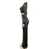 SC Hot Drilling Mesh Long Sleeve Maxi Skirt 2 Piece Suits BY-5379