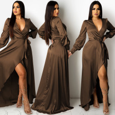 SC Sexy V Neck Long Sleeve Split Maxi Dress BY-5373