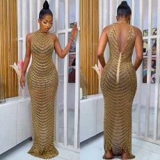 SC Sexy Hot Drilling See Through Backless Club Maxi Dress BY-5259