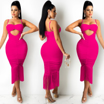 SC Sexy Solid Tassel Ruched Spaghetti Strap Midi Dress BY-5225