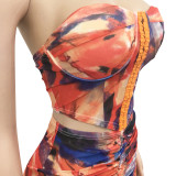 SC Sexy Mesh Printed Tube Top Drawstring Mini Skirt 2 Piece Sets BY-5173
