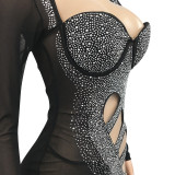 SC Sexy Mesh Hot Drilling Hollow Split Night Club Dress (With Underpants) BY-5207