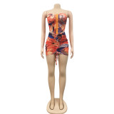 SC Sexy Mesh Printed Tube Top Drawstring Mini Skirt 2 Piece Sets BY-5173