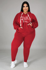 Plus Size Letter Print Hoodie Casual Two Piece Sets WAF-77352F330