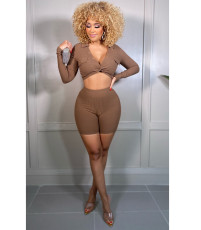 Solid Sexy Long Sleeve Crop Top And Shorts Set YYGF-1082