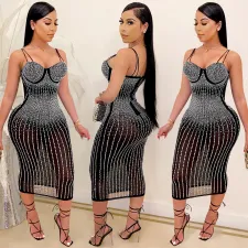 SC Plus Size Shiny Hot Drilling Spaghetti Strap Club Dress BY-3805