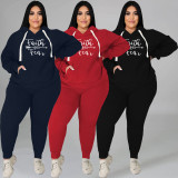 SC Plus Size Letter Print Hoodie Casual Two Piece Sets WAF-77352F330