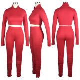 SC Solid High Collar Thumb Hole Crop Top Stacked Pants Sets TE-4359