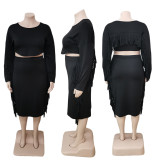 SC Plus Size Solid Tassel Long Sleeve Midi Skirt 2 Piece Sets AWF-5906