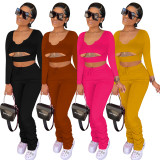 SC Solid Long Sleeve Hollow Top Stacked Pants 2 Piece Sets QZYD-1094