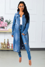 SC Plus Size Denim Ripped Hole Full Sleeve Long Coat LX-8083