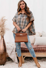 SC Plus Size Plaid Short Sleeve Pocket Loose Woolen Top XMEF-1154