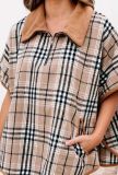 SC Plus Size Plaid Short Sleeve Pocket Loose Woolen Top XMEF-1154