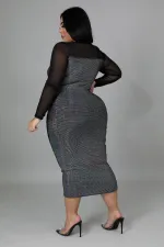 SC Plus Size Sexy Mesh See Through Long Sleeve Midi Dress OSM-7009
