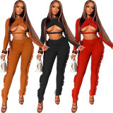SC Sexy Hollow Out Long Sleeve Top Ruffle Pants 2 Piece Sets AWN-5234