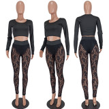 SC Black Long Sleeve Top+Lace Pants Sexy 2 Piece Sets YD-8549
