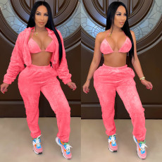 Sexy Plush Hooded Coat+Bra Top+Pants 3 Piece Sets MA-Y460