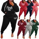 SC Plus Size Pink Letter Fleece Hooded 2 Piece Pants Set WAF-77360P330